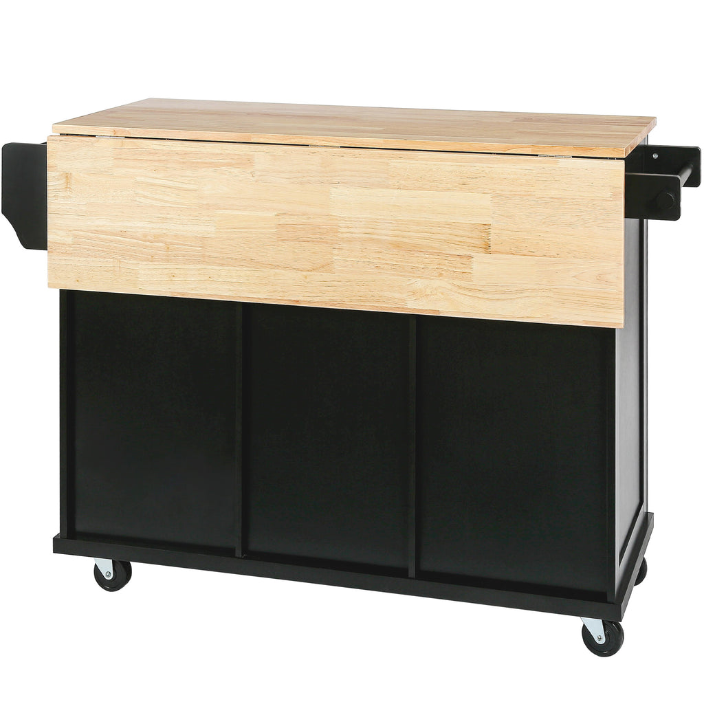 Black Rolling Kitchen Island with Drop-Leaf Top & Storage