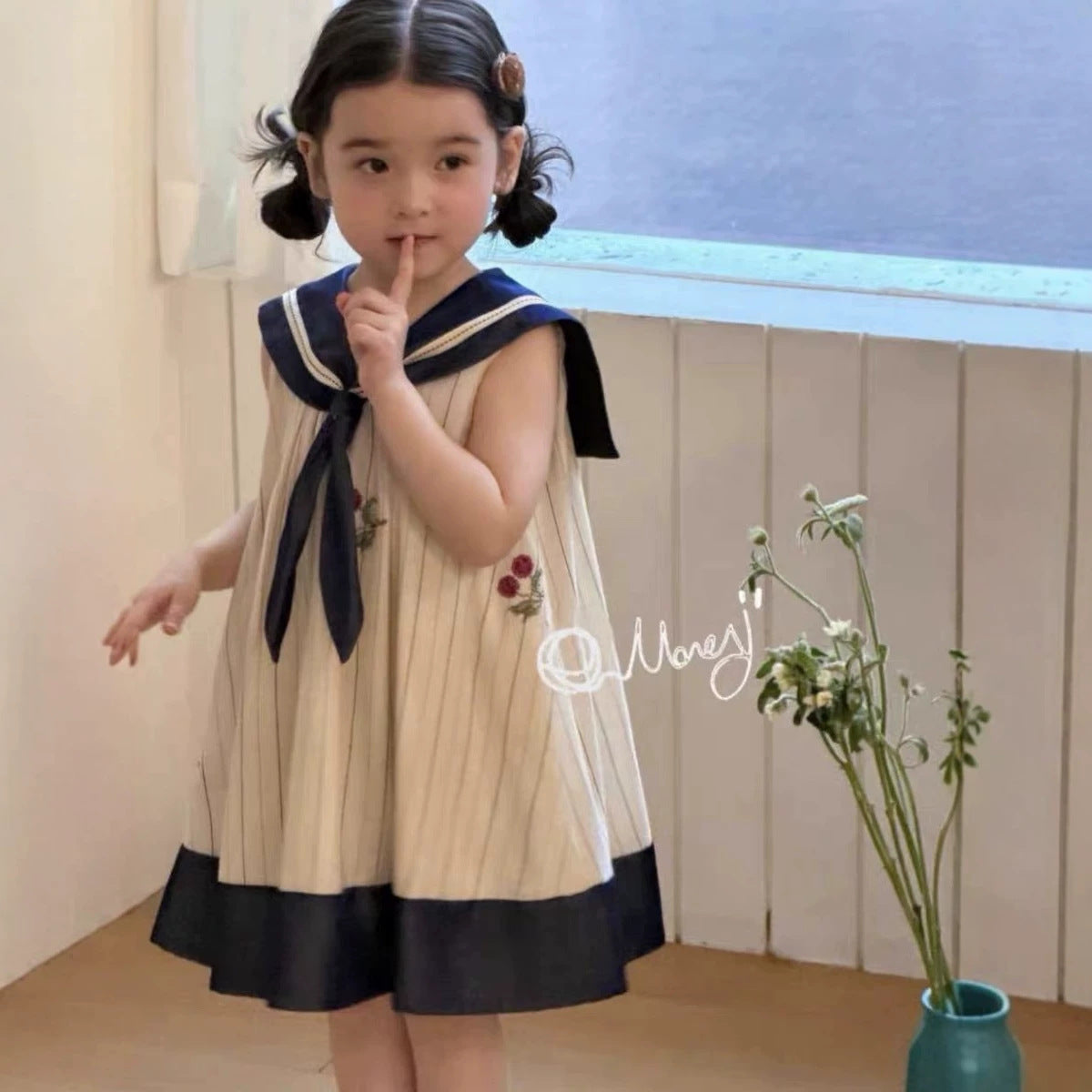 Sleeveless Princess Dress for Girls, Summer Fashion  Navy Collar Backless Dress