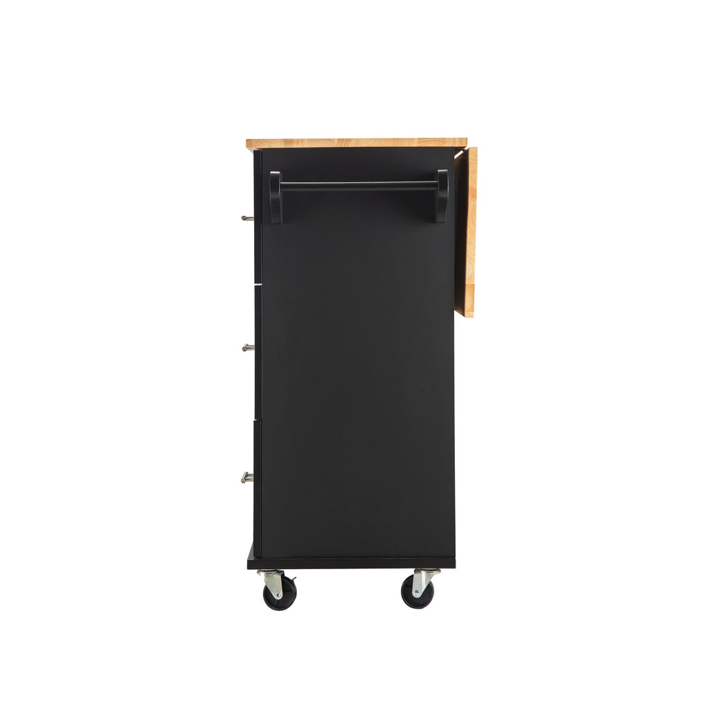 Black Rolling Kitchen Island with Extendable Rubber-Wood Top