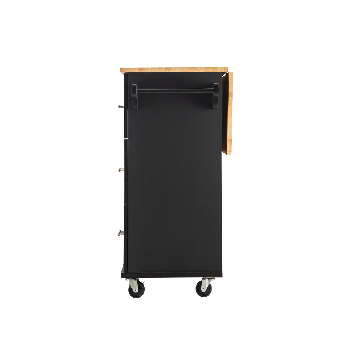 Black Rolling Kitchen Island with Extendable Rubber-Wood Top
