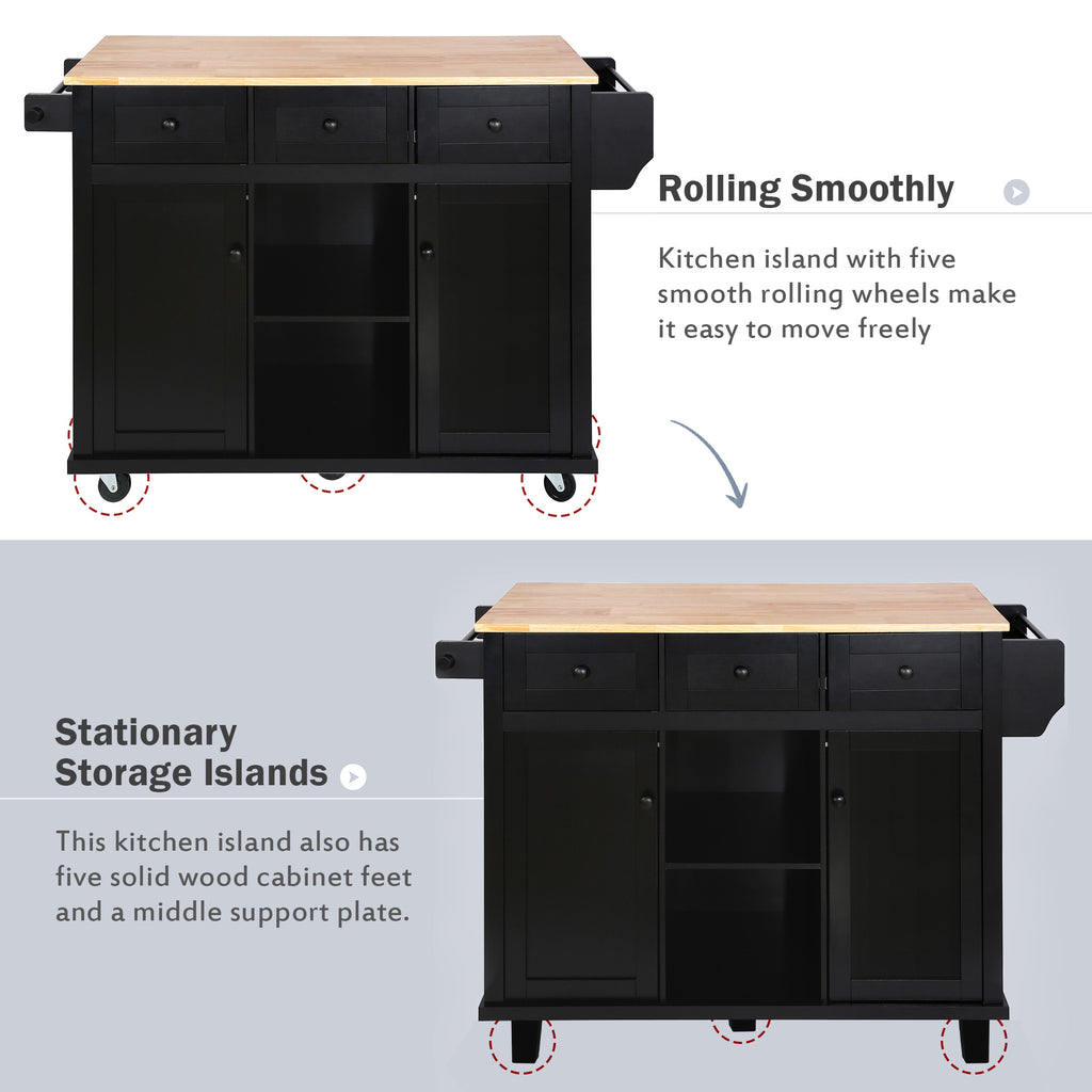 Black Rolling Kitchen Island with Drop-Leaf Top & Storage