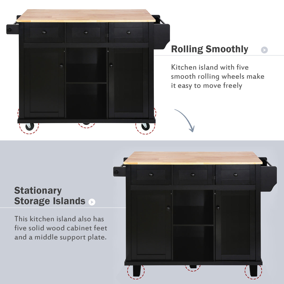 Black Rolling Kitchen Island with Drop-Leaf Top & Storage