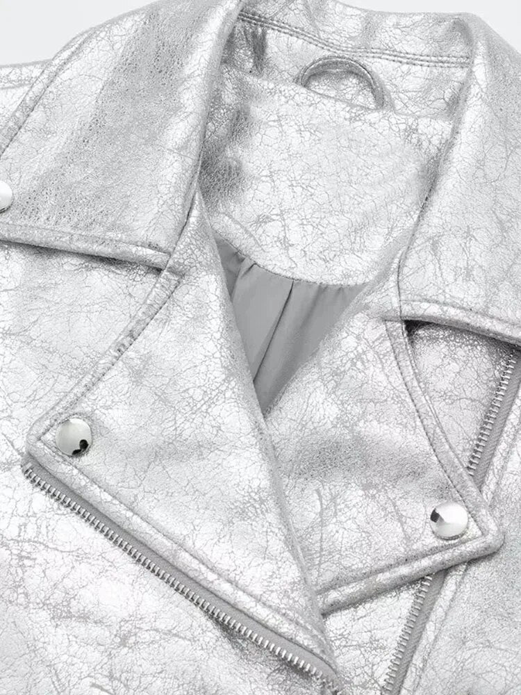 Faux Leather Jacket Women Silver Cropped Coat Woman Long Sleeve Bomber Jackets for Women Streetwear Autumn Jacket