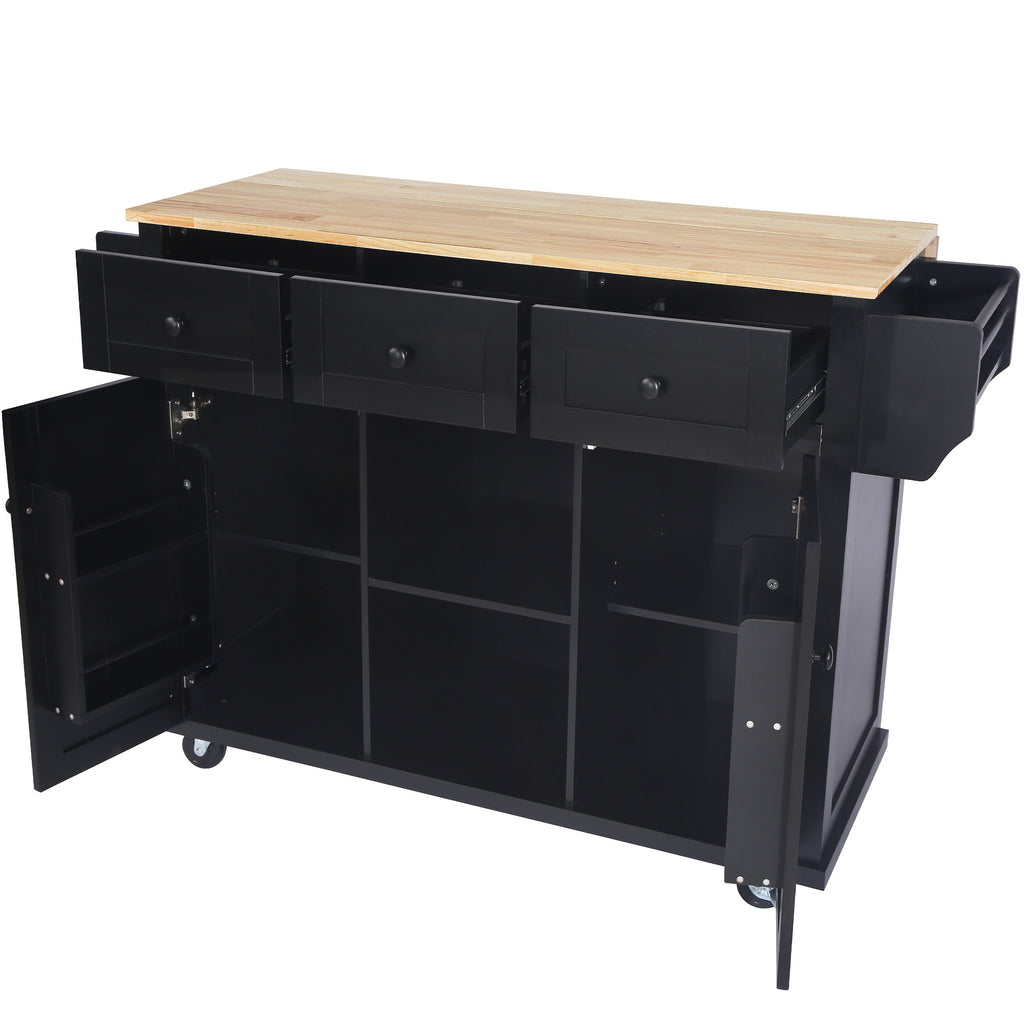 Black Rolling Kitchen Island with Drop-Leaf Top & Storage