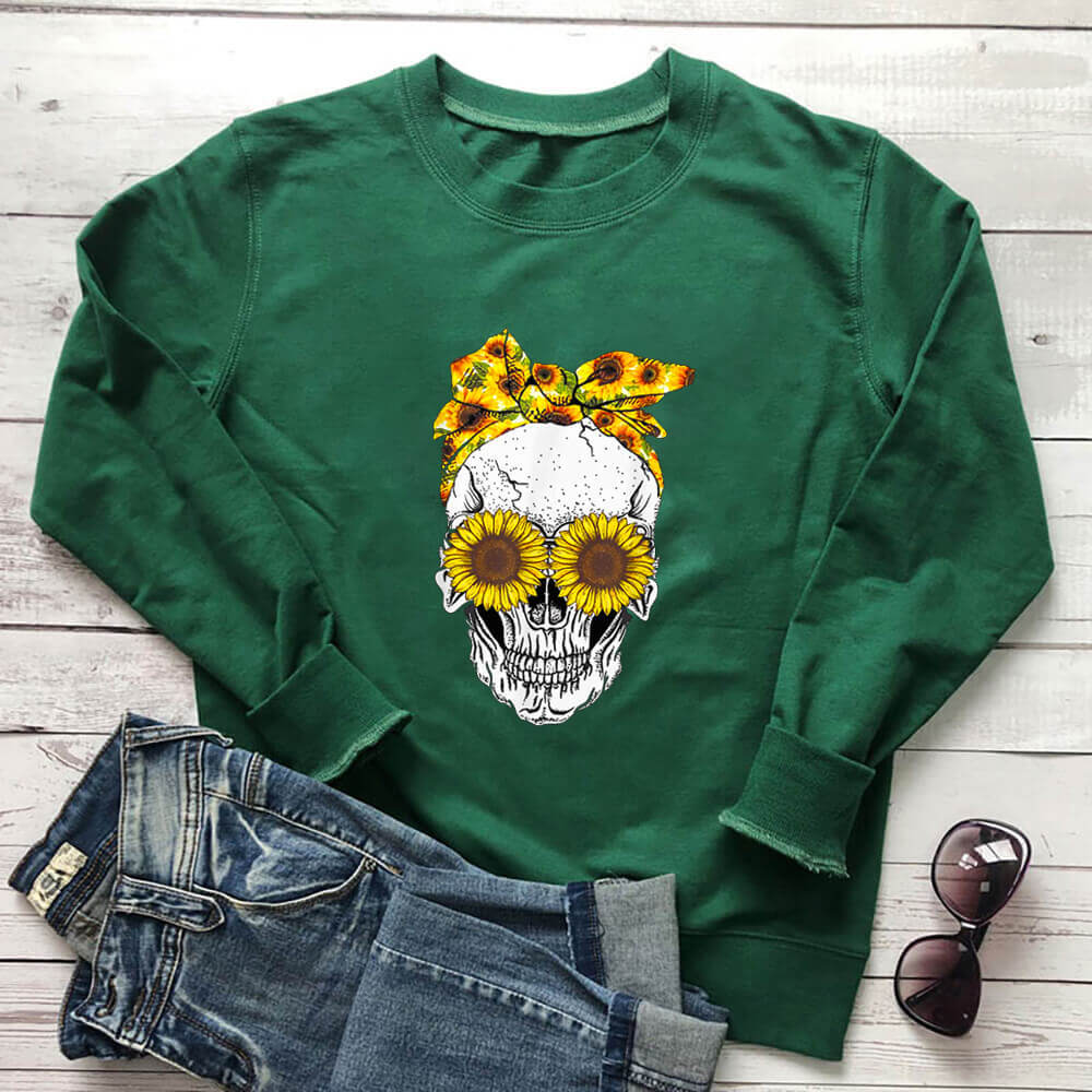 Women's Skull & Sunflower Loose Crewneck Sweatshirt