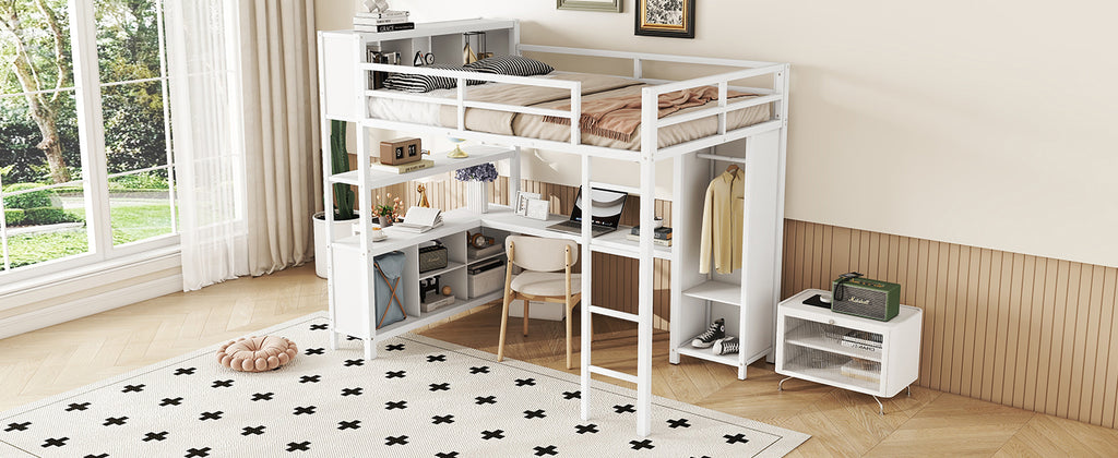 Metal loft bed with wardrobe and L-shaped desk, full-size loft bed with storage cabinet and shelf, white