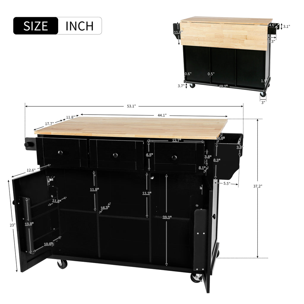 Black Rolling Kitchen Island with Drop-Leaf Top & Storage