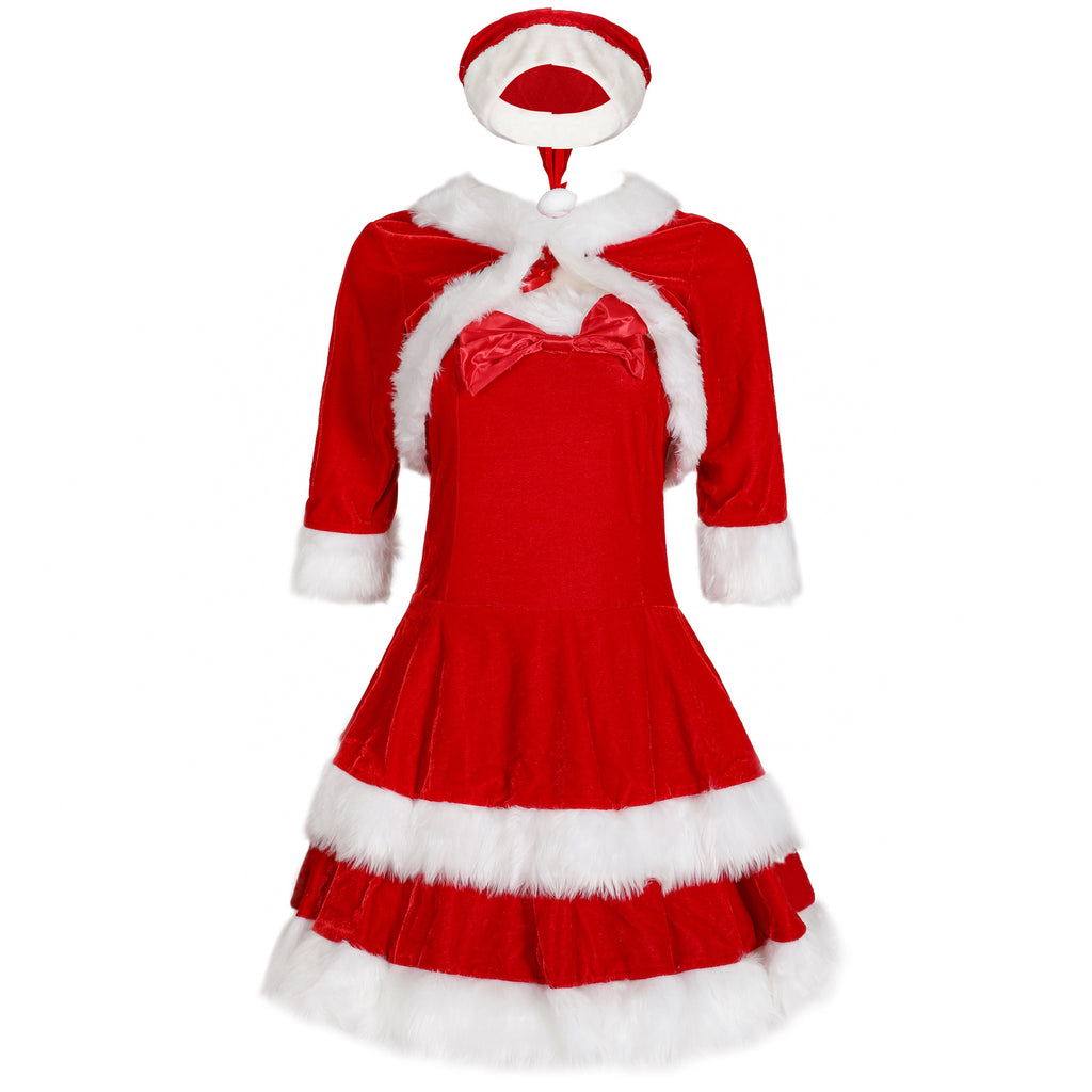 Women's Christmas Costume Set with Skirt, Shawl & Hat