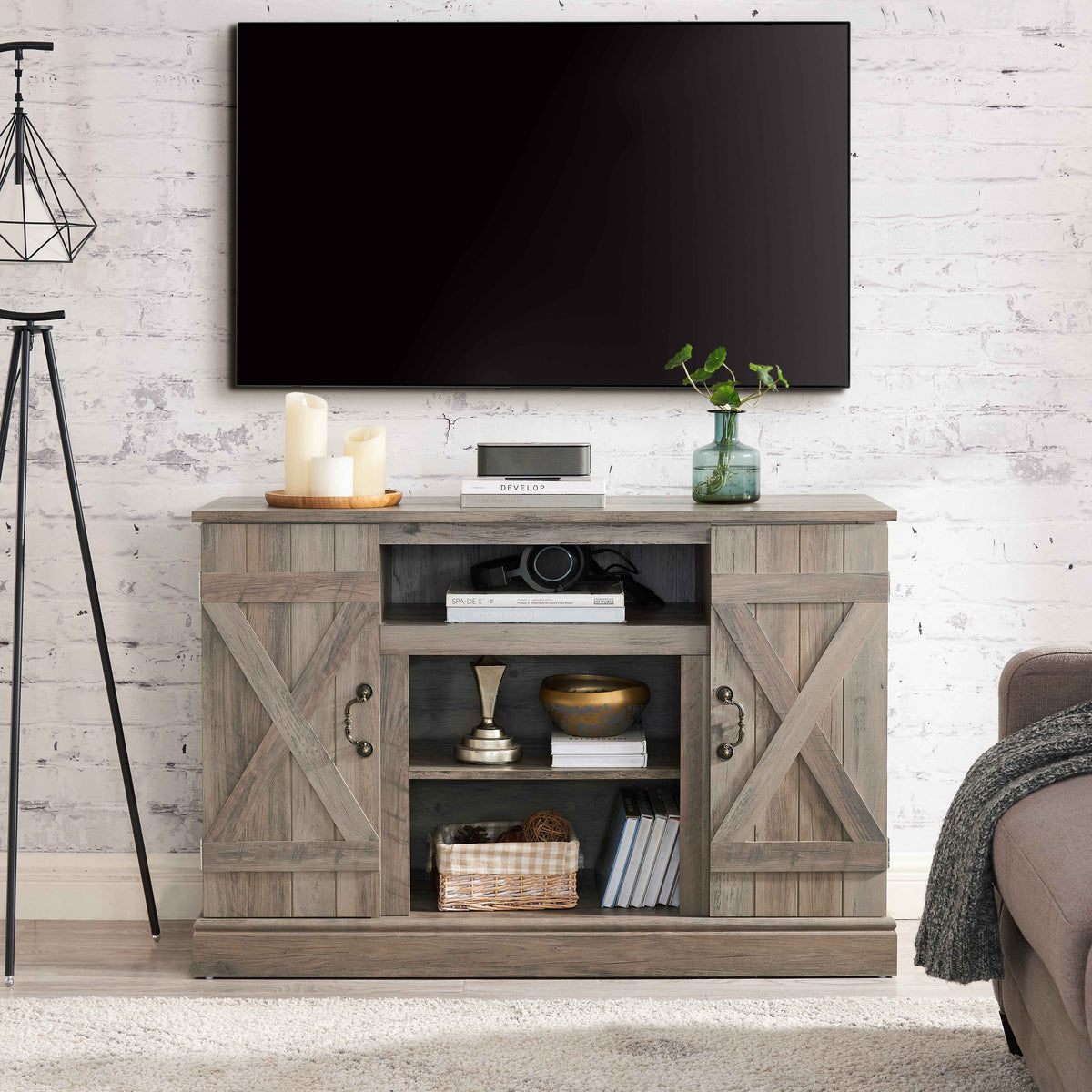 Farmhouse Classic Media TV Stand Antique Entertainment Console for TV up to 50" with Open and Closed Storage Space