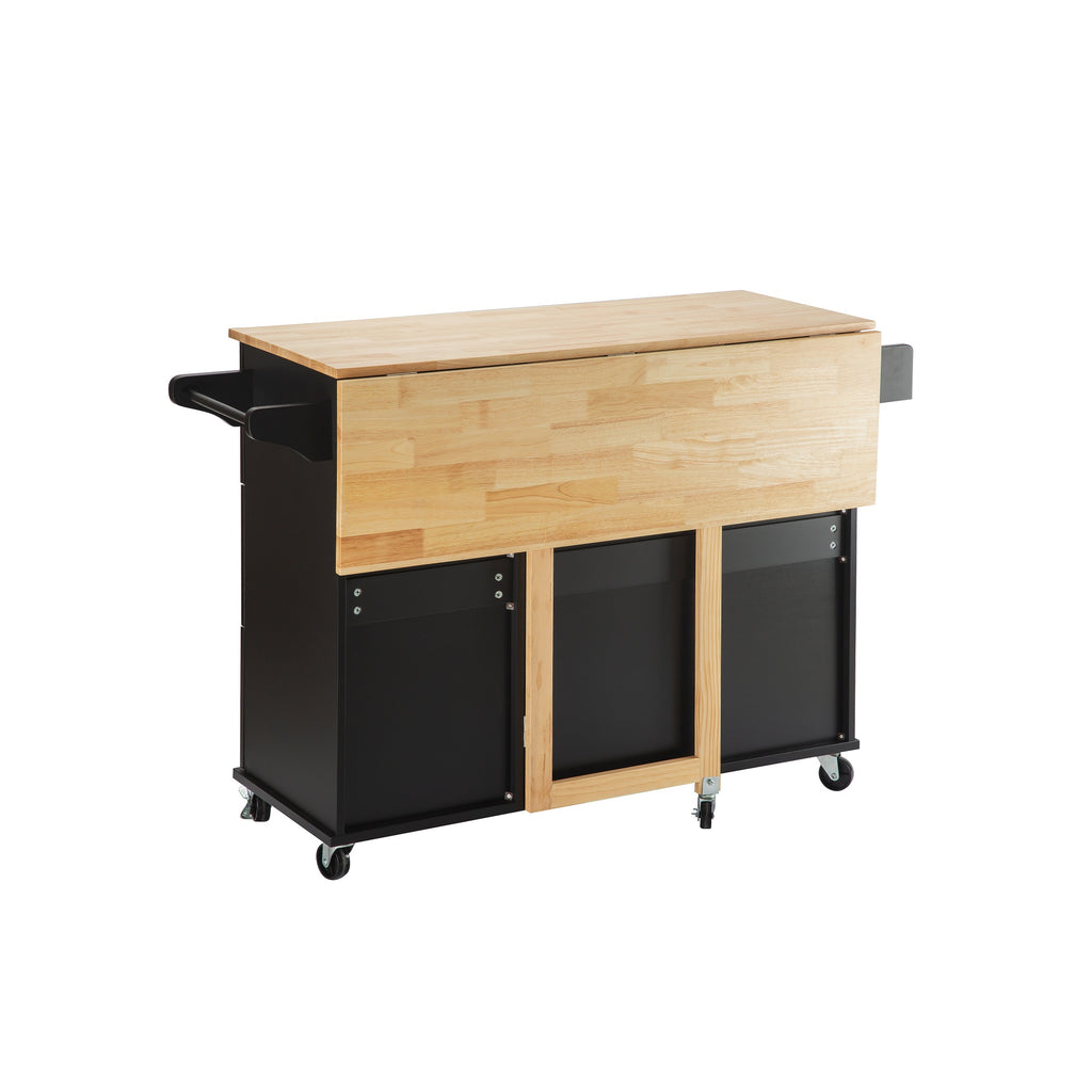 Black Rolling Kitchen Island with Extendable Rubber-Wood Top