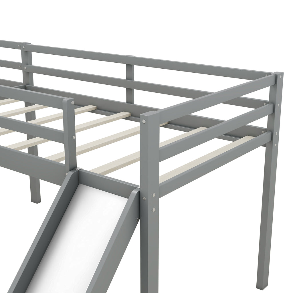 L-Shaped Twin Loft Bed with Ladder & Slide – Gray