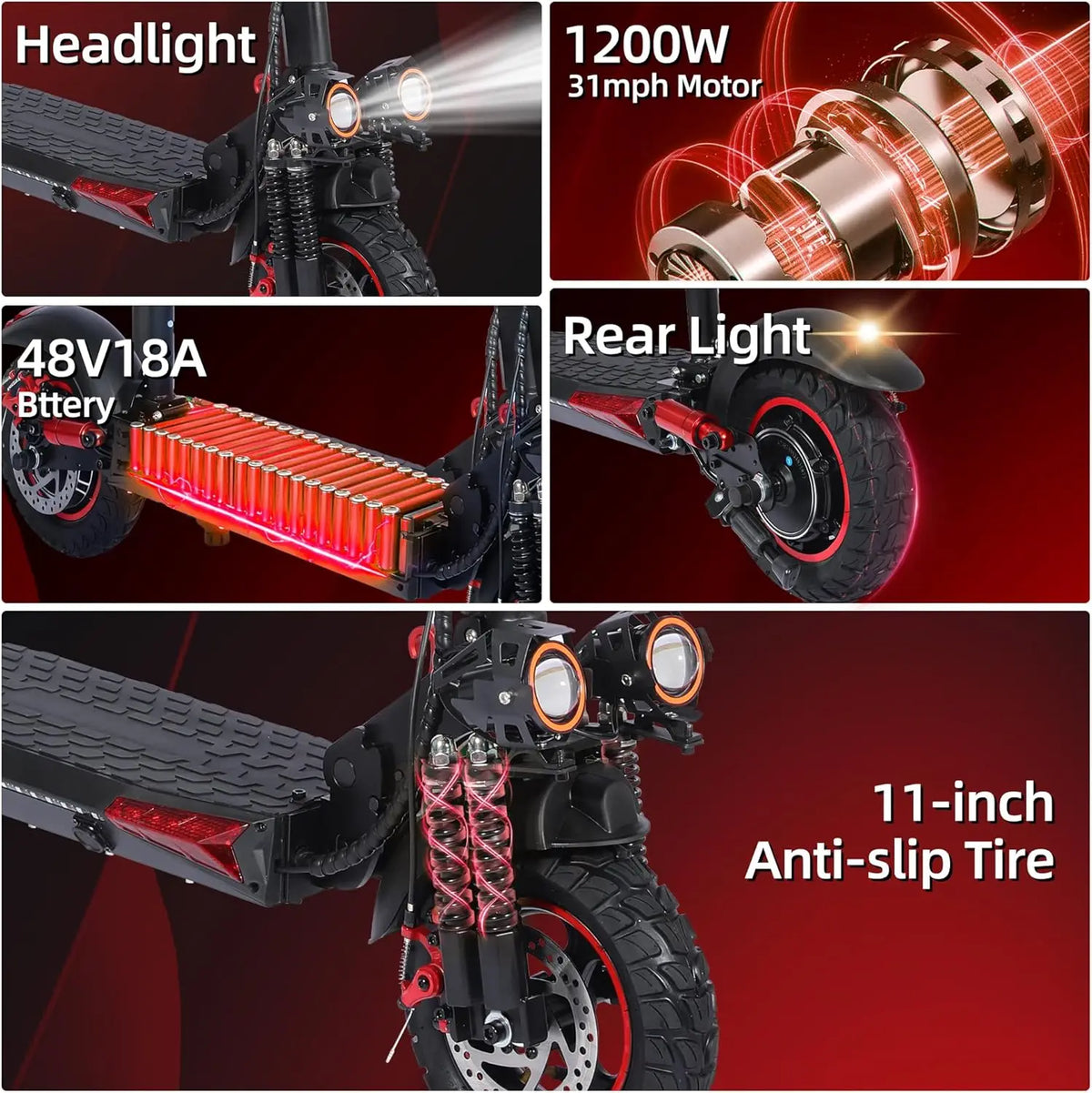 1200W Adult Electric Scooter – 48V 18Ah, 11-Inch Tires