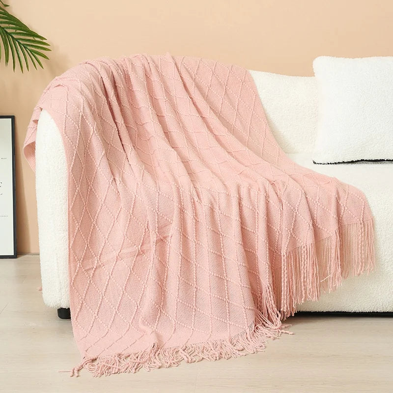 Luxury Custom Diamond Cable Knit Blankets Home Decor Acrylic Jacquard Knitted Bed Sofa Throw Blanket With Tassels