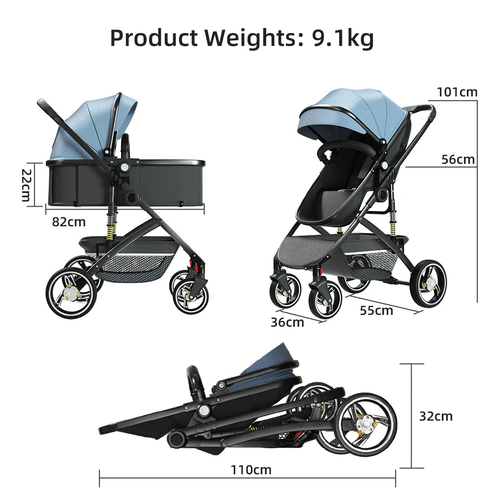 For 0-3 Year Old Baby Walker with Wheels and Seat Baby Stroller 3 in 1 Foldable Stroller Travel Chic Blue New