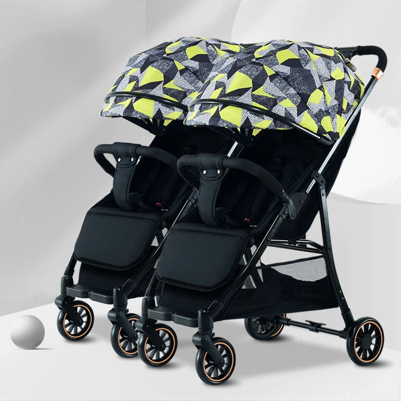 Twin Strollers Can Be Seated and Reclined Portable Folding High View Twin Strollers with One Click