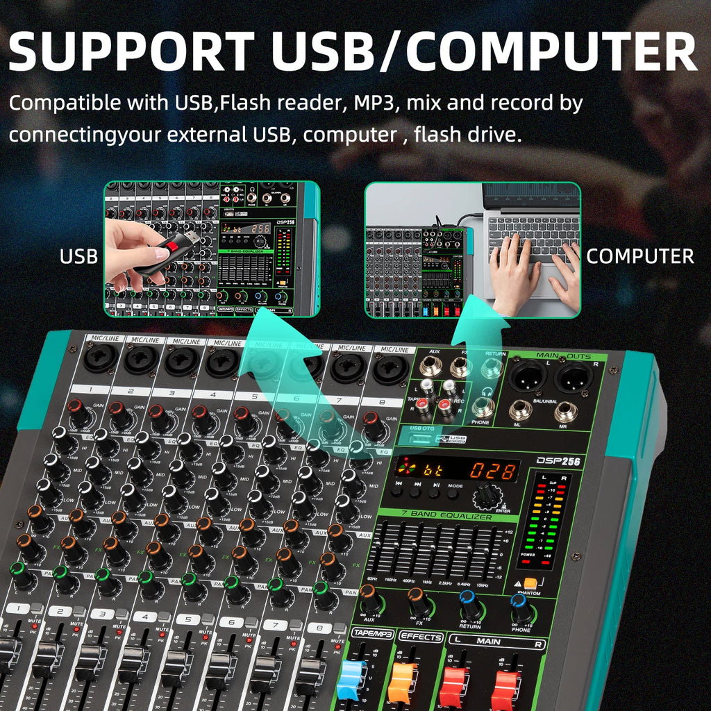Mezclador de audio USB de 8 canales Biner PA8