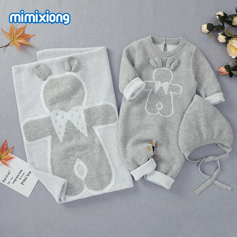 Soft Knitted Baby Romper, Hat & Blanket Set