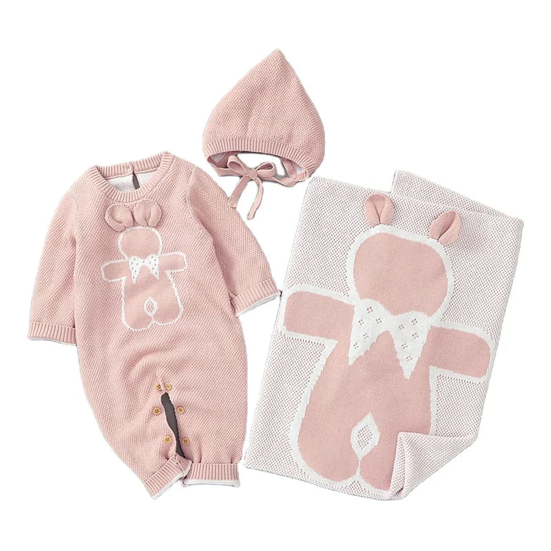 Soft Knitted Baby Romper, Hat & Blanket Set