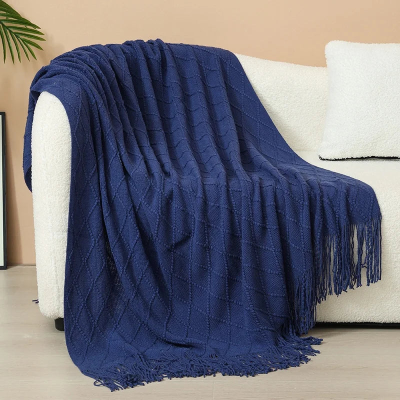 Luxury Custom Diamond Cable Knit Blankets Home Decor Acrylic Jacquard Knitted Bed Sofa Throw Blanket With Tassels