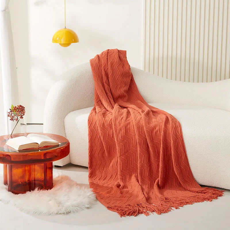 Nordic Wave-Pattern Knitted Throw Blanket