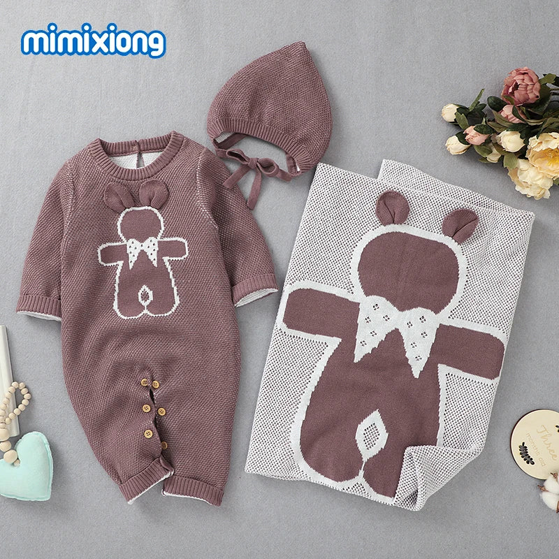 Soft Knitted Baby Romper, Hat & Blanket Set