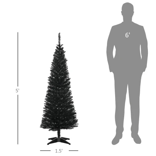 5' Artificial Pencil Christmas Tree, Slim Xmas Tree with 294 Realistic Branch Tips and Plastic Stand, Black