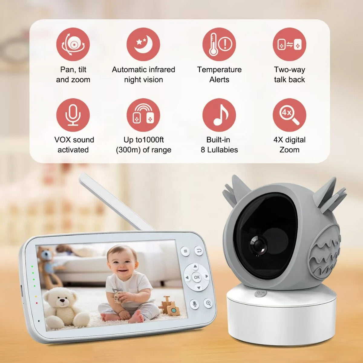 5'' Baby Monitor with Two Cameras Split Screen 1080P WiFi Pan Tilt VOX Crying Motion Detection Dual Camera Baby Monitor