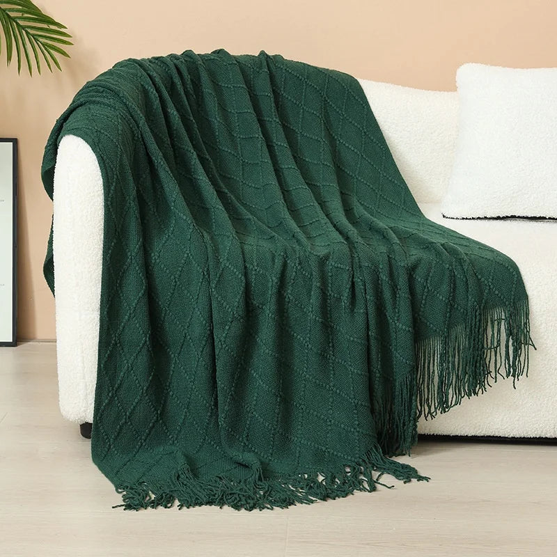 Luxury Custom Diamond Cable Knit Blankets Home Decor Acrylic Jacquard Knitted Bed Sofa Throw Blanket With Tassels