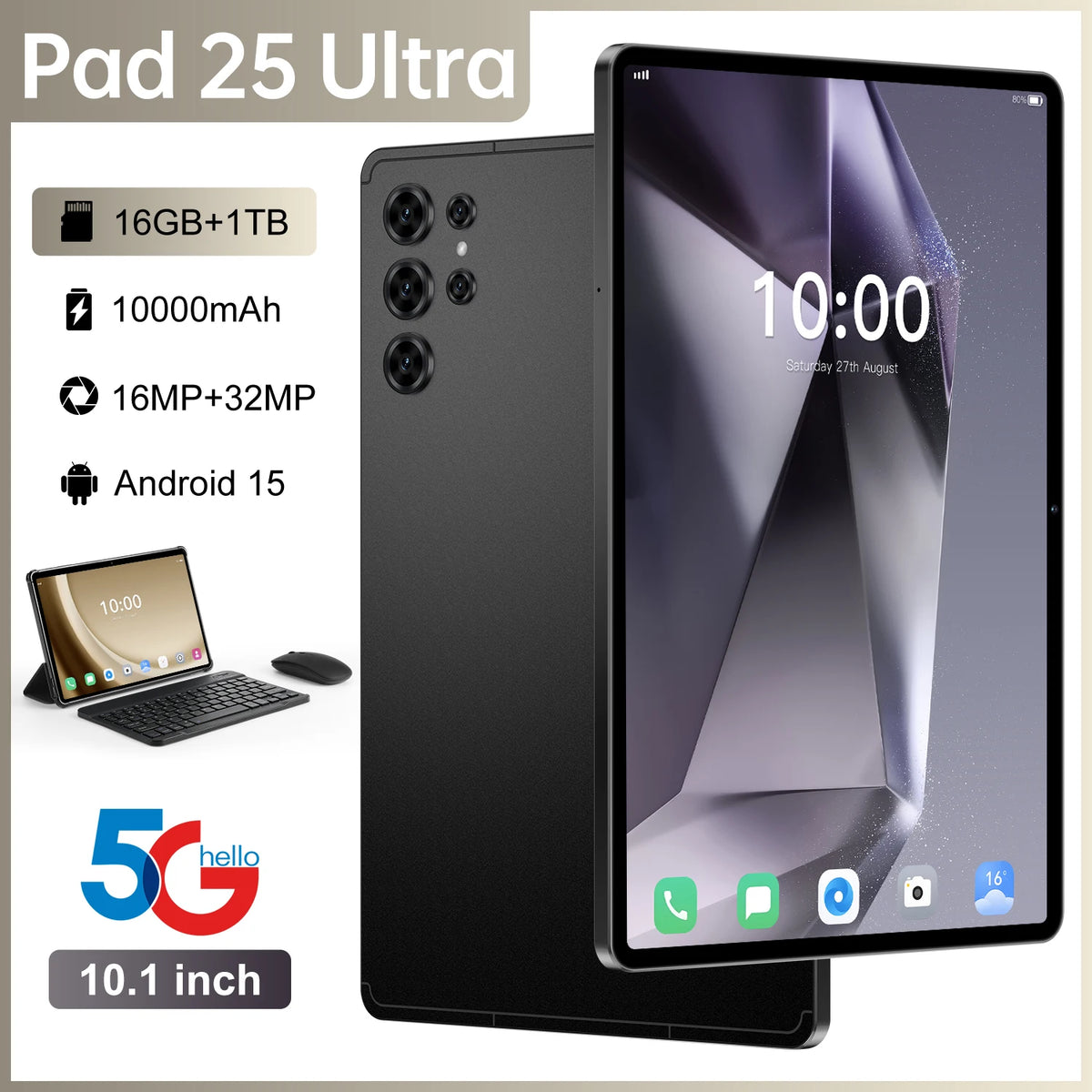 Pad 25 Ultra 10.1-Inch Android 15 5G Tablet – 16GB/1TB