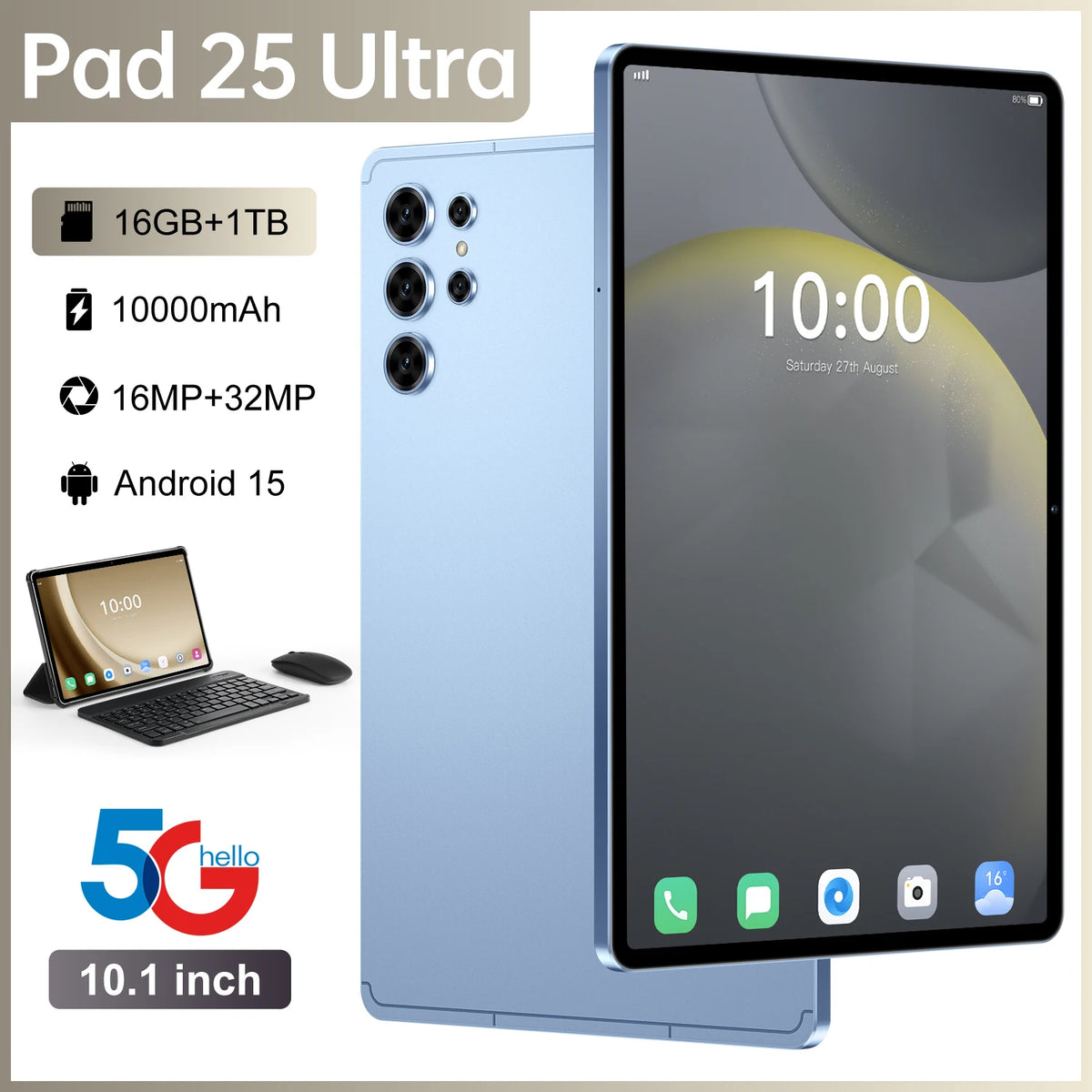 Pad 25 Ultra 10.1-Inch Android 15 5G Tablet – 16GB/1TB