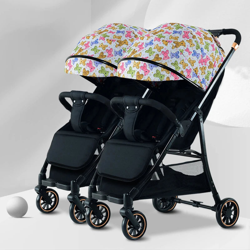 Twin Strollers Can Be Seated and Reclined Portable Folding High View Twin Strollers with One Click