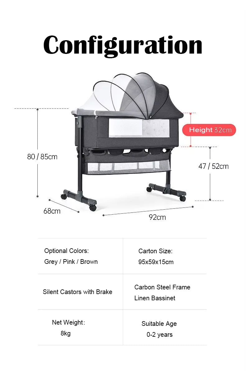 Modern Luxury 3-in-1 Metal Baby Crib New Multi-Functional Portable Cot Bed with Bassinet for Bedroom & Hotel Use