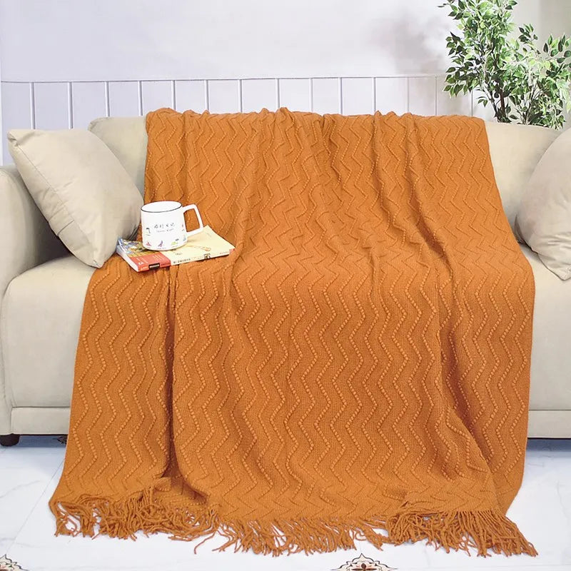 Nordic Wave-Pattern Knitted Throw Blanket