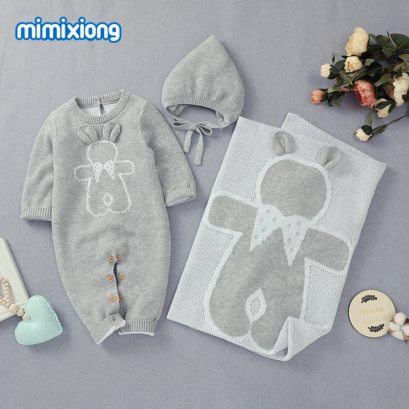 Soft Knitted Baby Romper, Hat & Blanket Set