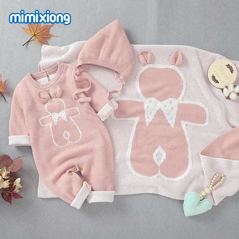 Soft Knitted Baby Romper, Hat & Blanket Set