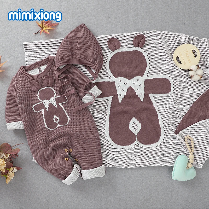 Soft Knitted Baby Romper, Hat & Blanket Set