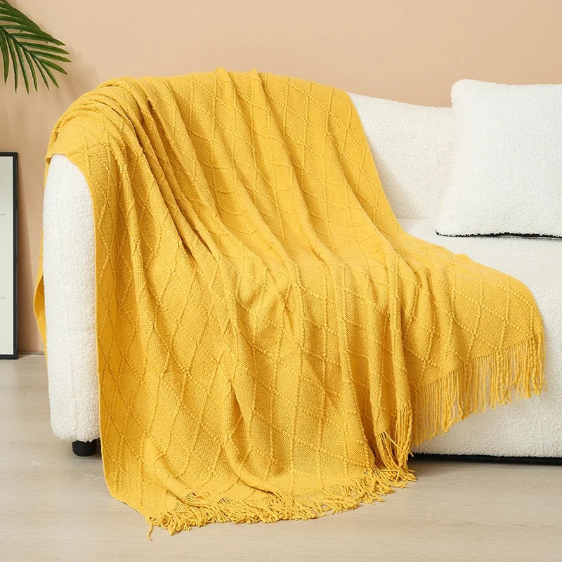 Luxury Custom Diamond Cable Knit Blankets Home Decor Acrylic Jacquard Knitted Bed Sofa Throw Blanket With Tassels
