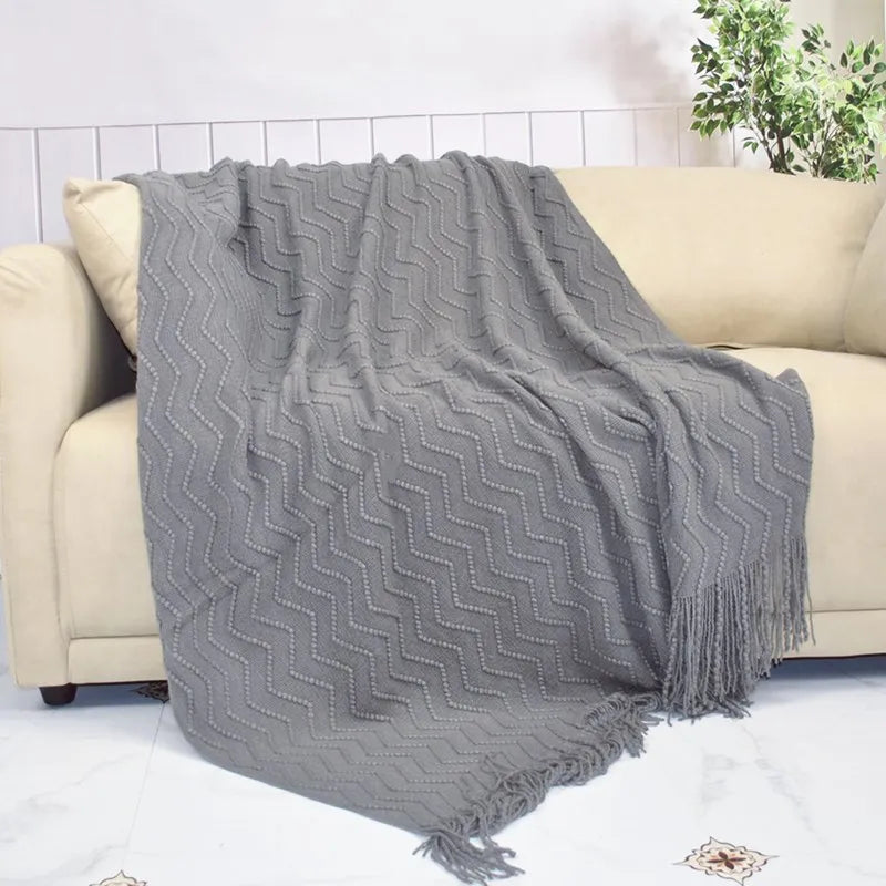 Knitted Blanket Wave Pattern Embossed Blanket Nordic Bed Sofa Decorative Blankets Plaid Chunky Sofa Blankets Grey
