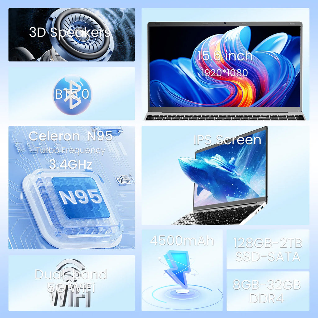 15.6-Inch Intel N95 Business Laptop – Up to 16GB RAM & 512GB SSD