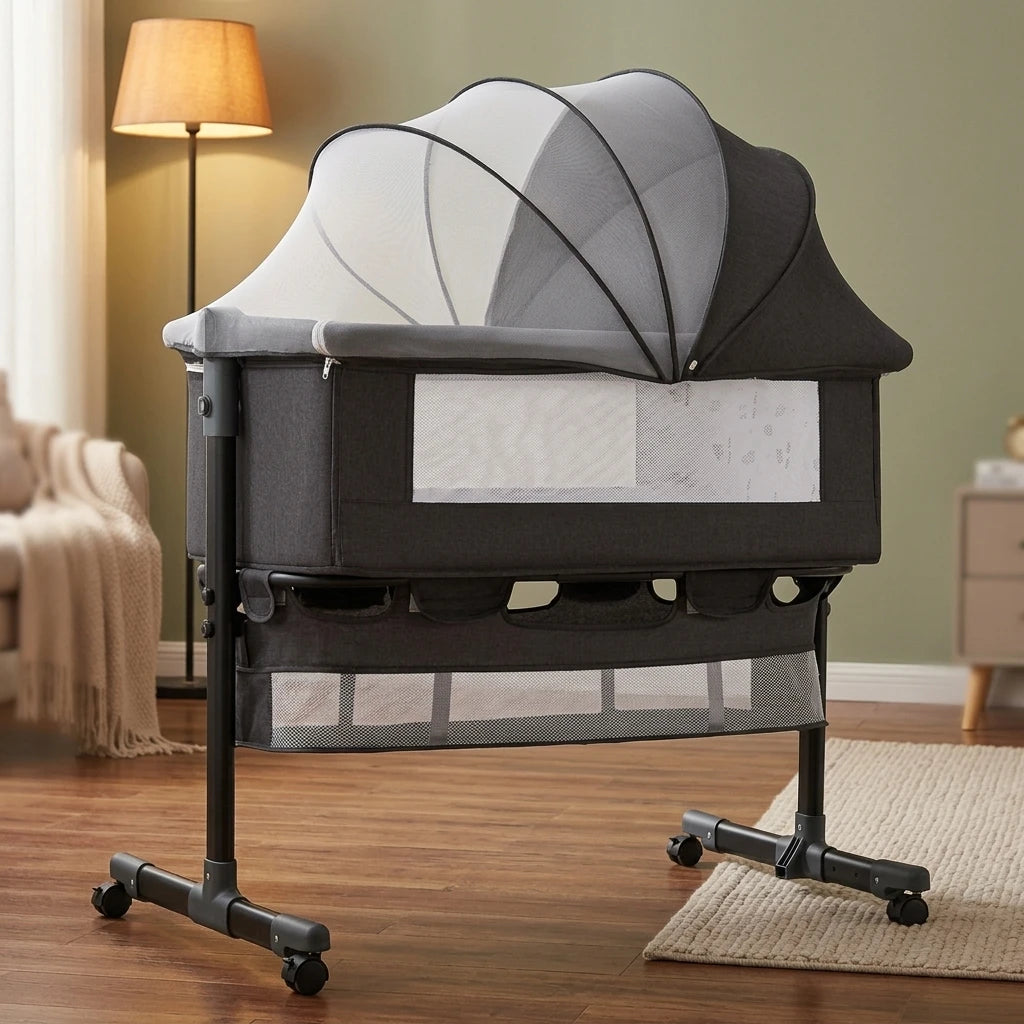 Good Quality Foldable Metal Baby Bedside Crib Removable Splicing Portable Mosquito Net Multifunctional Modern Design Bedroom Use
