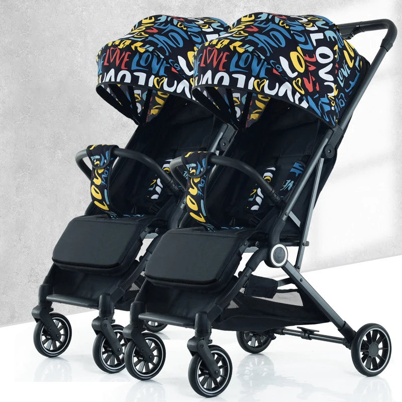 Twin Strollers Can Be Seated and Reclined Portable Folding High View Twin Strollers with One Click