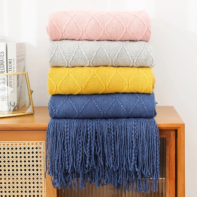 Luxury Custom Diamond Cable Knit Blankets Home Decor Acrylic Jacquard Knitted Bed Sofa Throw Blanket With Tassels