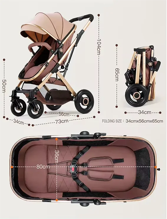 Lightweight 3-in-1 Portable Foldable Baby Stroller Travel System Stainless Steel Frame Oxford Fabric Rubber Wheels 20KG Load