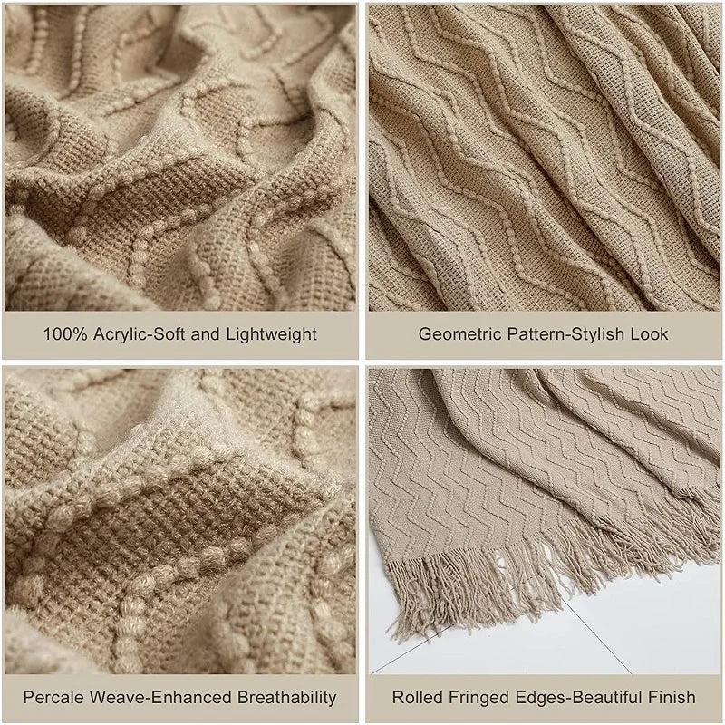 Khaki Acrylic Knitted Lightweight Anti-Pilling Wearable Decorative Throw Blanket Boho Warm Folded Korean Solid Plaid