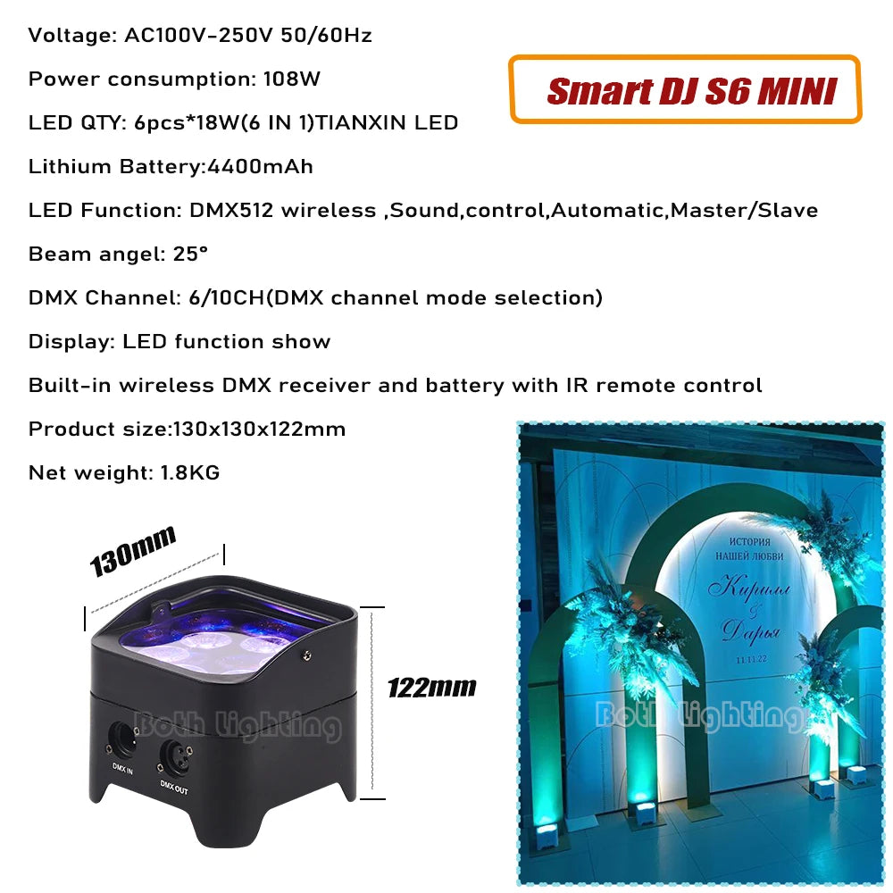 8-Pack S6 6x18W Wireless RGBWA UV DMX Uplights