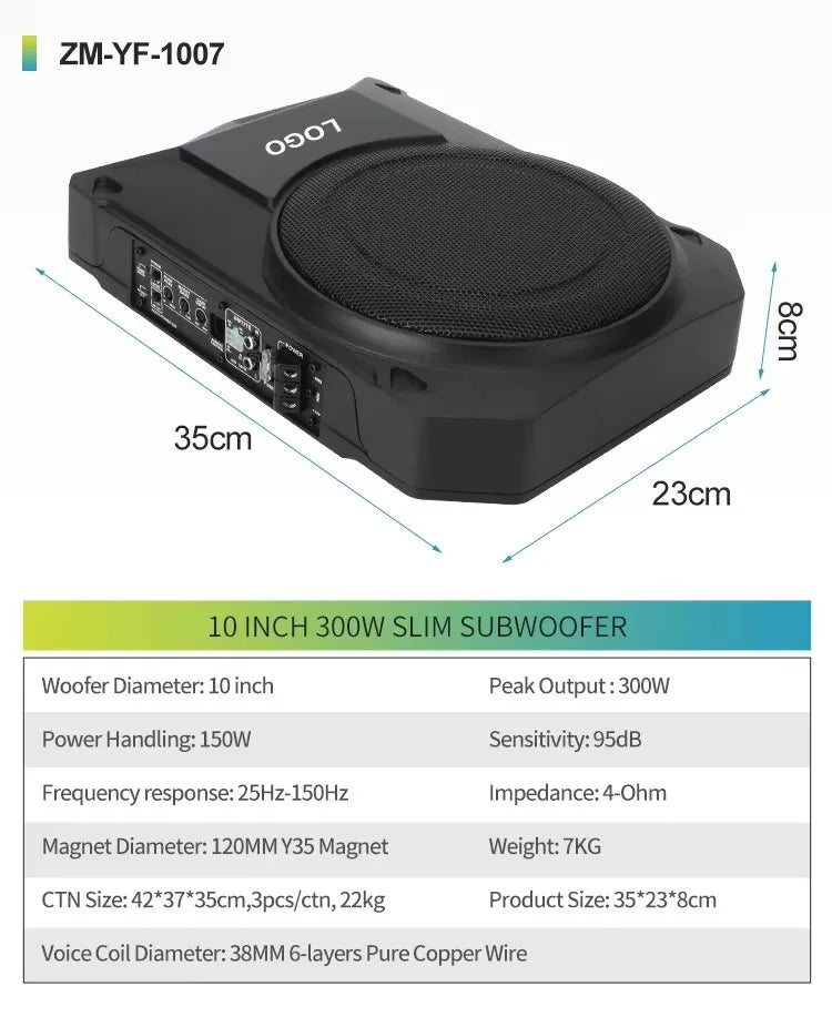 10-Inch Amplified Subwoofer System 600 Watt Compact Enclosed Active 10" Slim Underseat Subwoofer Box