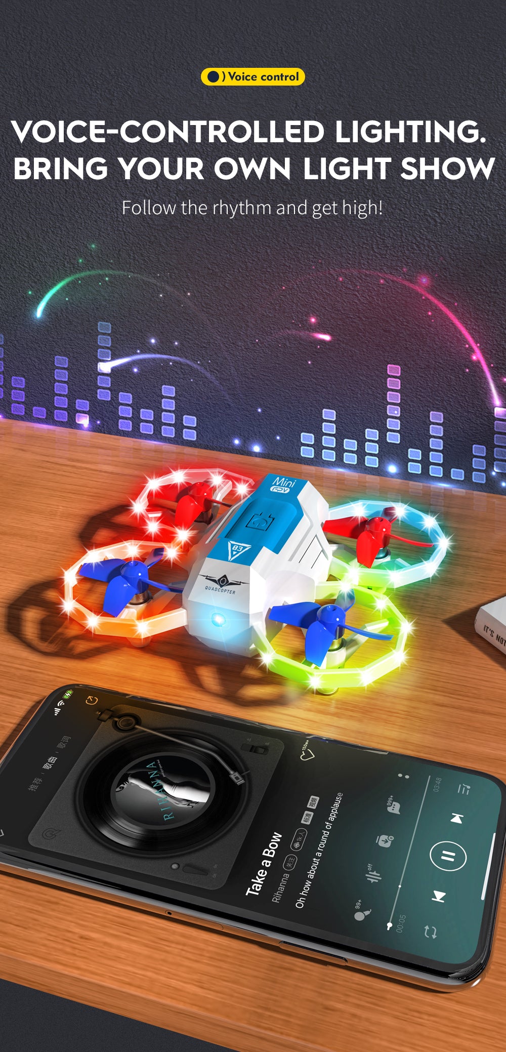 HOSHI KFPALN KF601 Mini Drone Protective Design With Voice Control Cool Light Drone for Beginner Christmas Gift Toys Drone