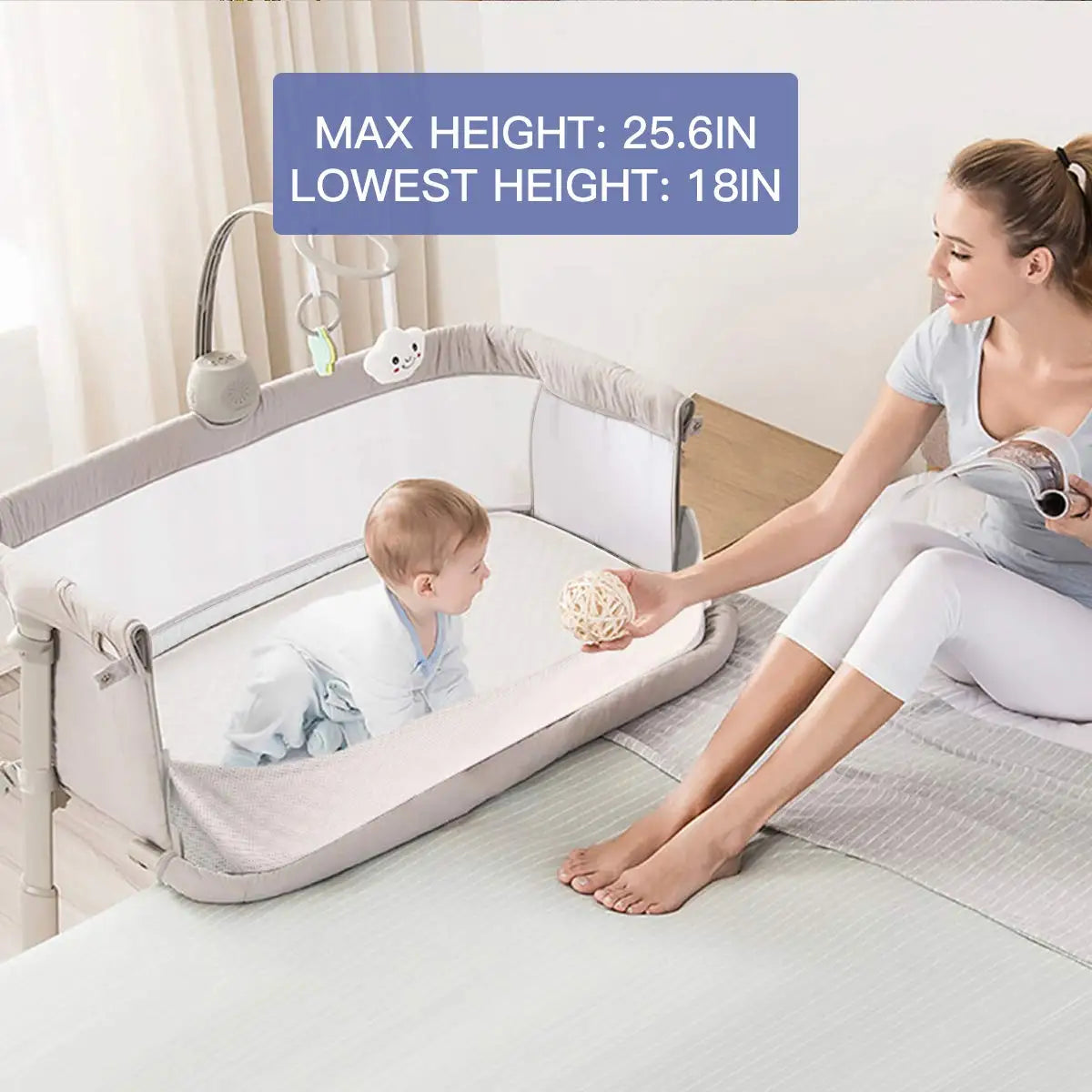 Newborn Baby Bedside Modern Metal Crib Co-Sleeper for Hotel & Bedroom Use