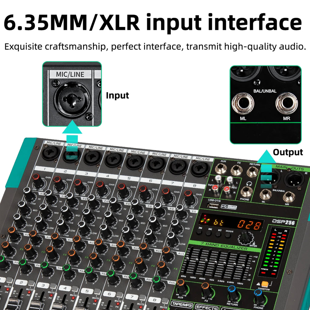 Mezclador de audio USB de 8 canales Biner PA8