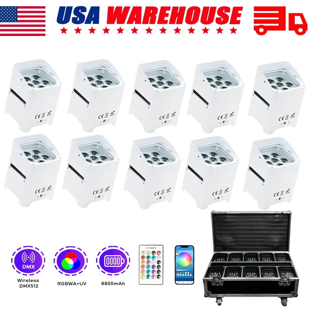 10-Pack S6 Wireless RGBWA UV DMX Uplights